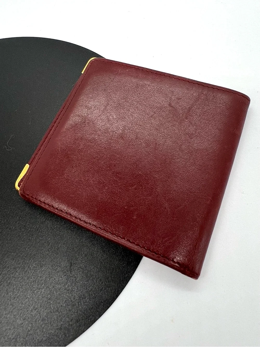 Cartier Burgundy Leather Bifold Card & Key Holder with Gold Corners